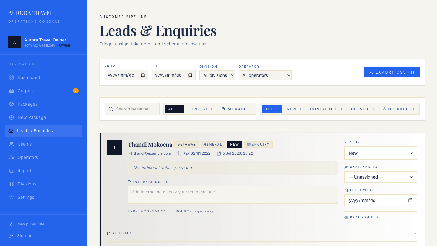 Wasili admin console — leads pipeline